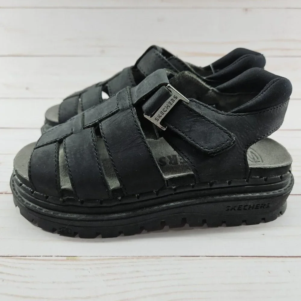 Skechers Youth Size 1 Black Chunky Leather‎ Sandals Platform Y2K 90s Grunge